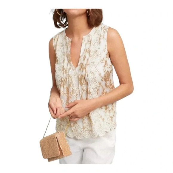 1886. ANTHROPOLOGIE MOULINETTE SOEURS SKLER SHINE‎ BLOUSE TANK GOLD EMBROIDERY - Picture 2 of 12
